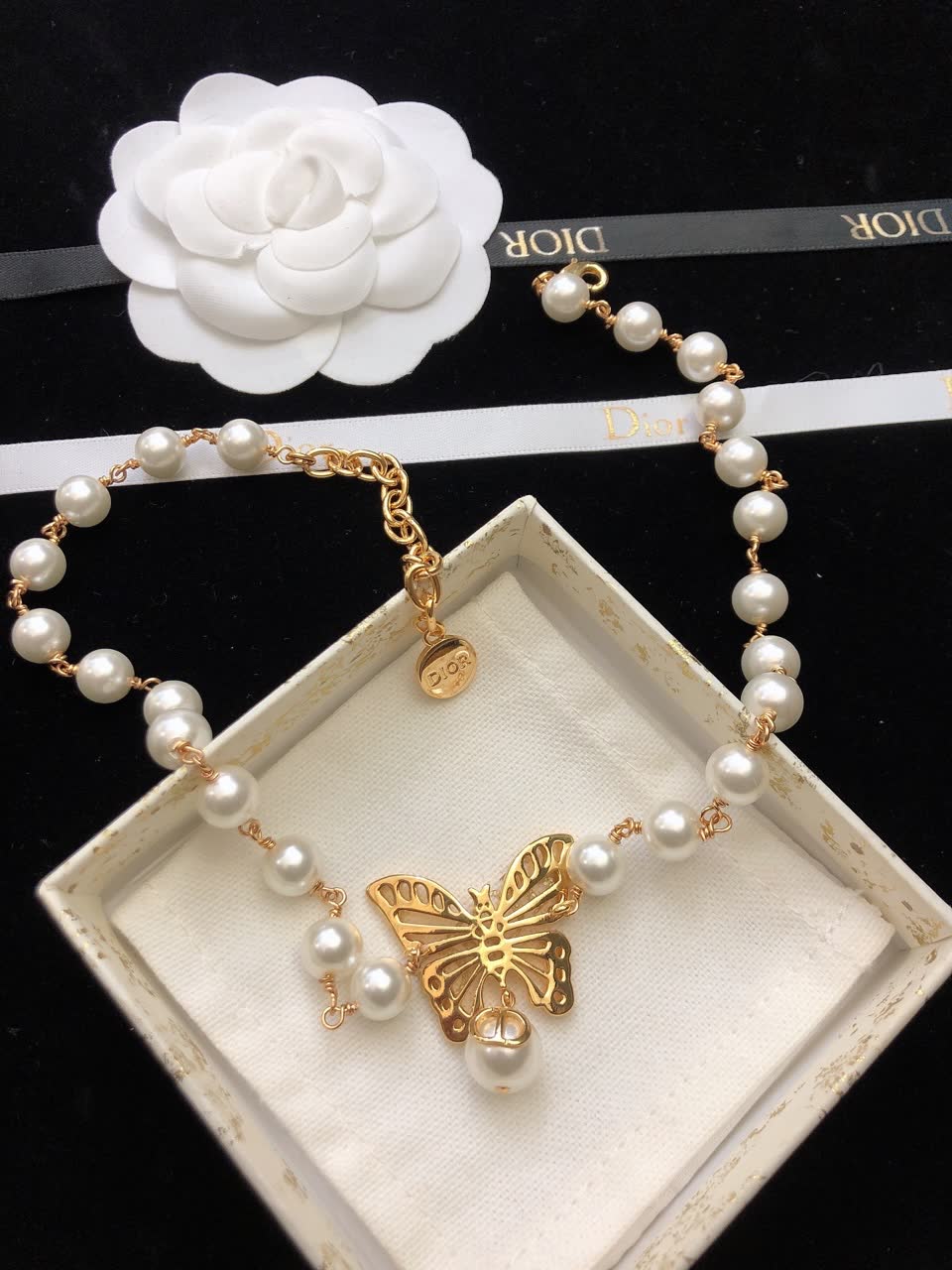 Dior Butterfly and Pearl Double Layer Necklace