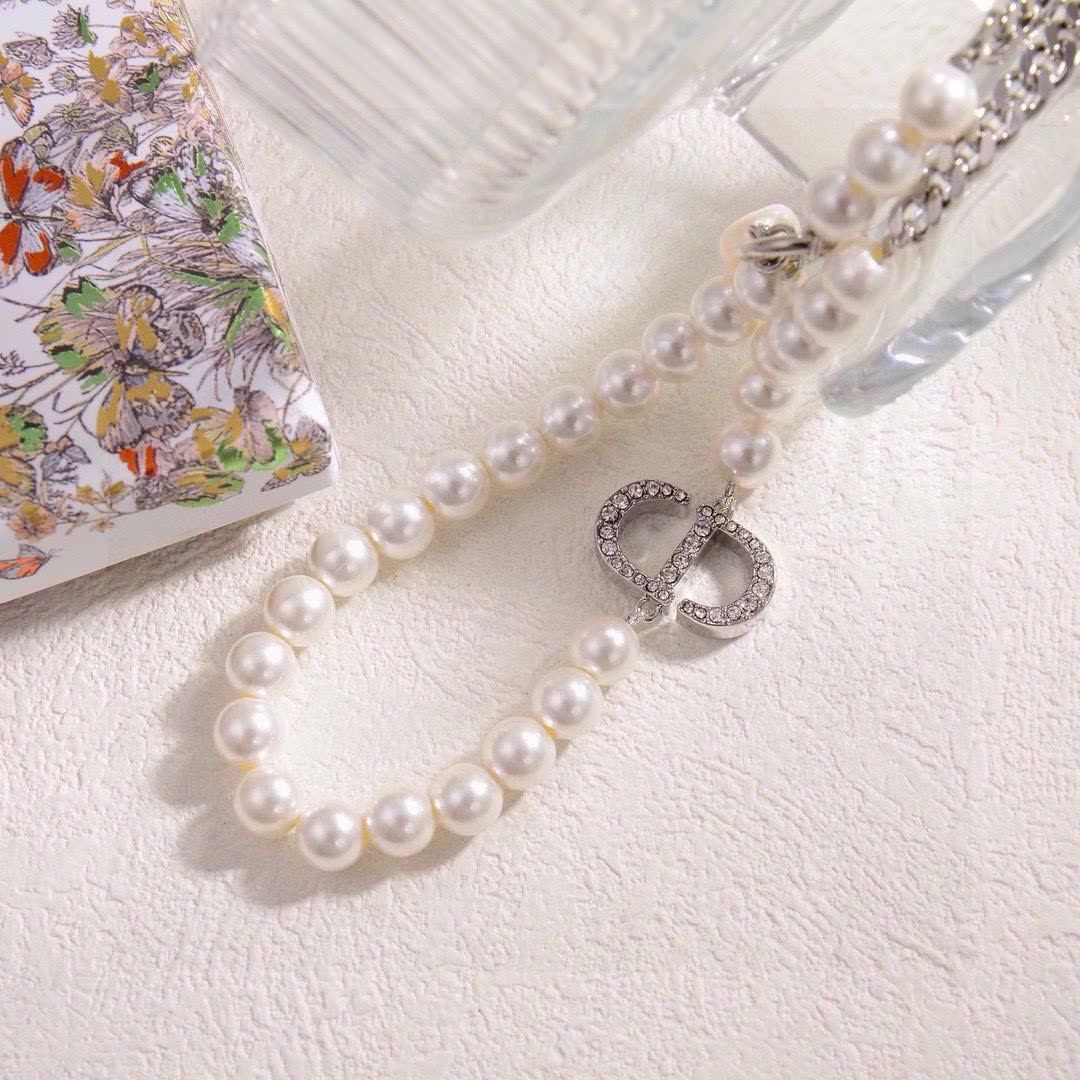 Dior AnOrange Silver-Plated Pearl Necklace with Crystal Clasp