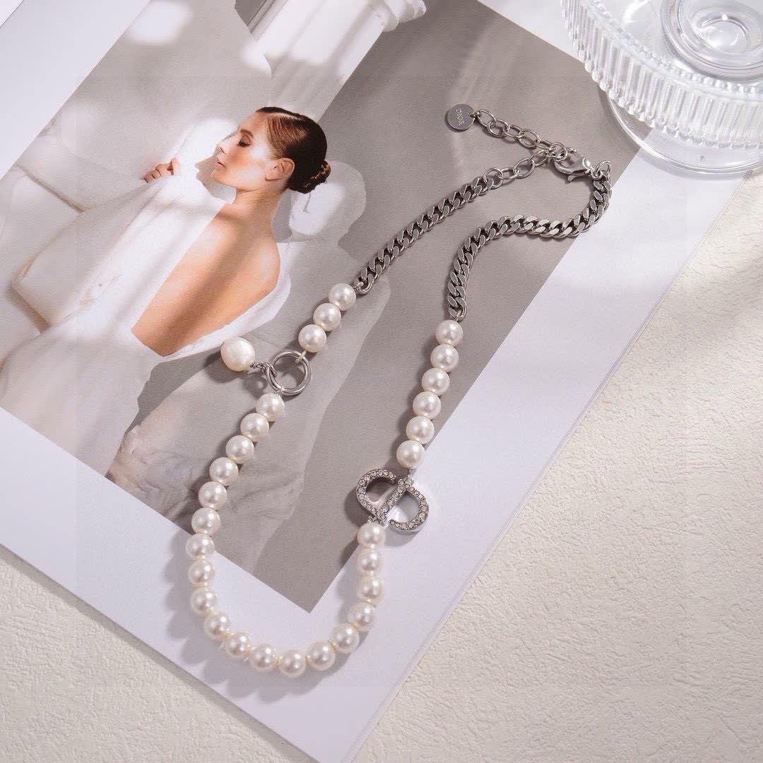 Dior AnOrange Silver-Plated Pearl Necklace with Crystal Clasp