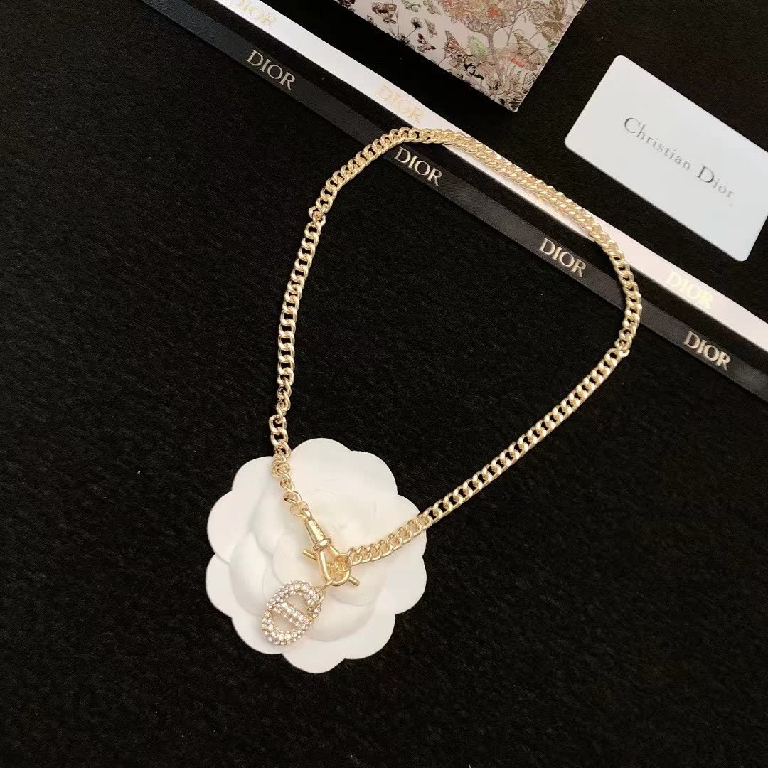 Dior Gold Chain Necklace with Crystal 'CD' Charm