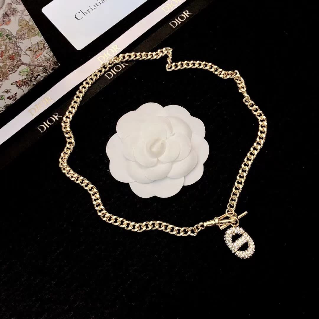 Dior Gold Chain Necklace with Crystal 'CD' Charm