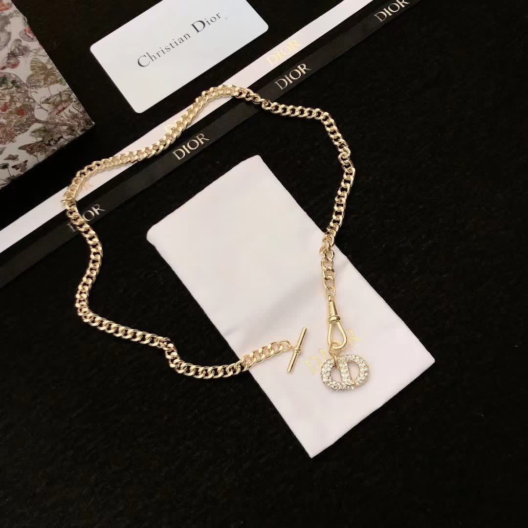 Dior Gold Chain Necklace with Crystal 'CD' Charm