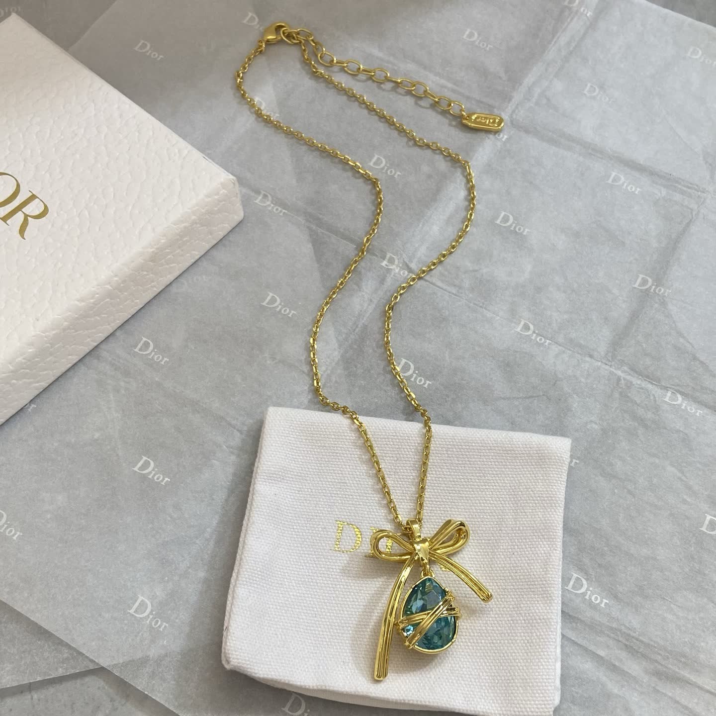 Dior Gold Plated Blue Crystal Bow Pendant Necklace