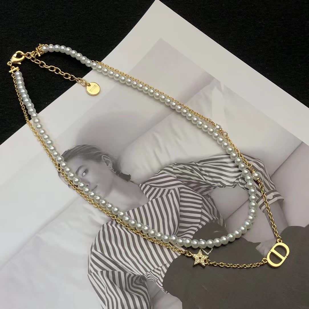 Dior Double D Logo Pearl Necklace