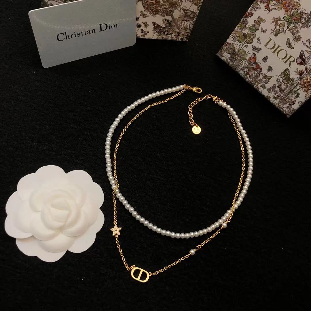 Dior Double D Logo Pearl Necklace