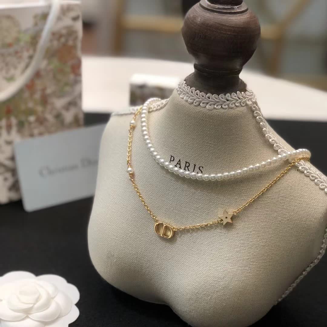 Dior Double D Logo Pearl Necklace
