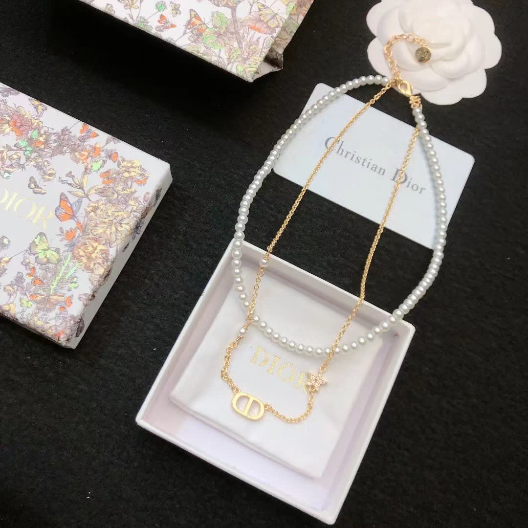 Dior Double D Logo Pearl Necklace