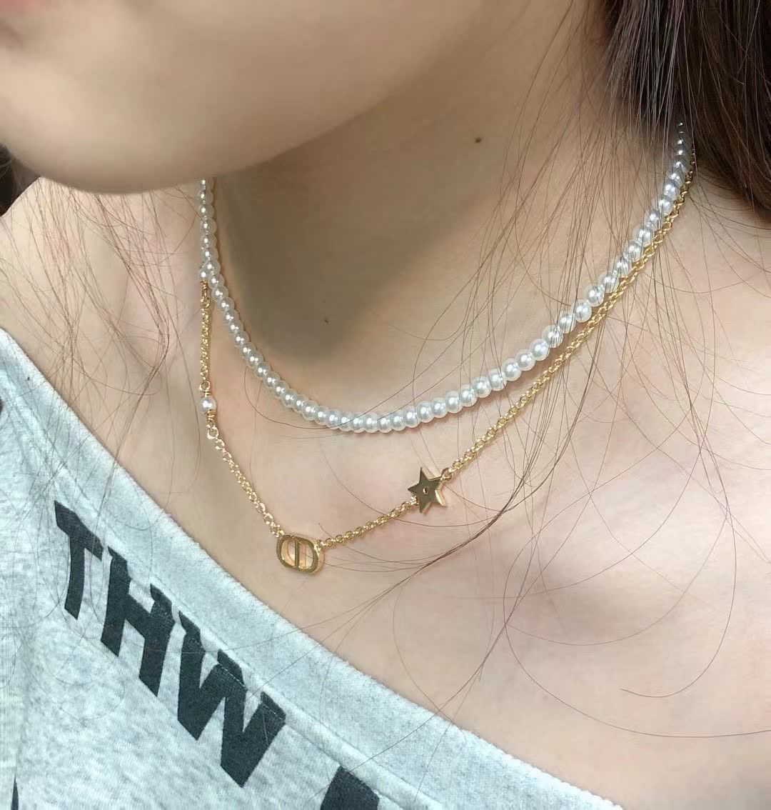 Dior Double D Logo Pearl Necklace