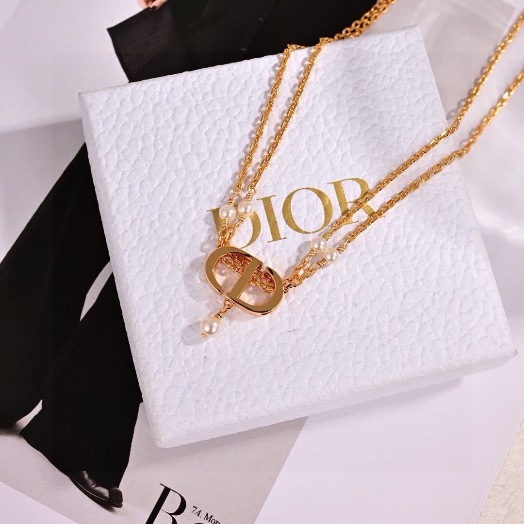 Dior Double Chain Pearl Necklace with CD Logo
