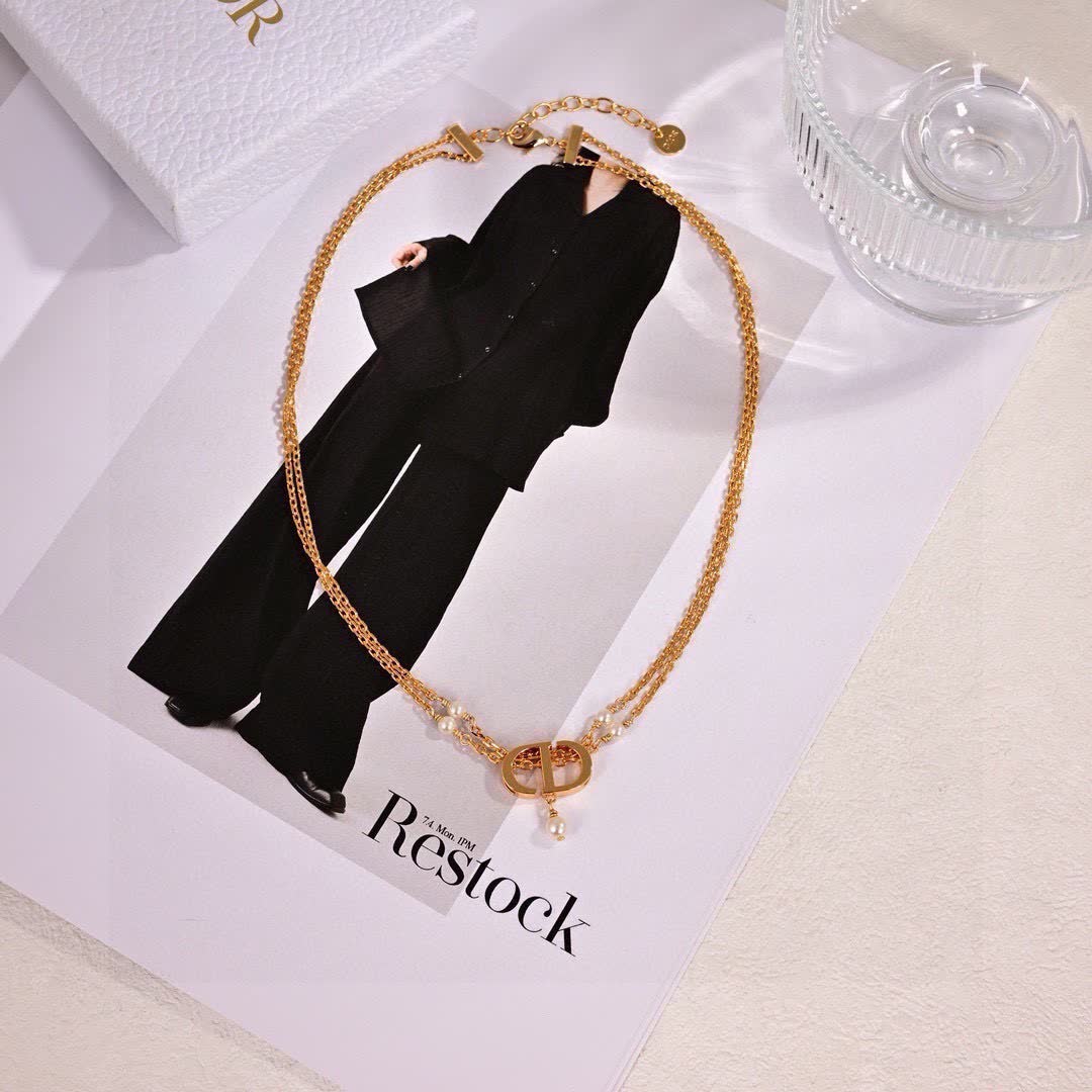 Dior Double Chain Pearl Necklace with CD Logo