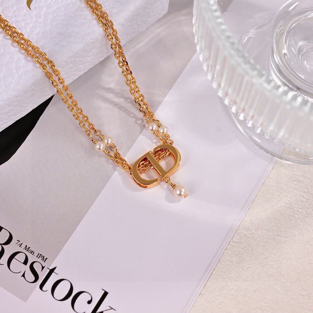 Dior Double Chain Pearl Necklace with CD Logo
