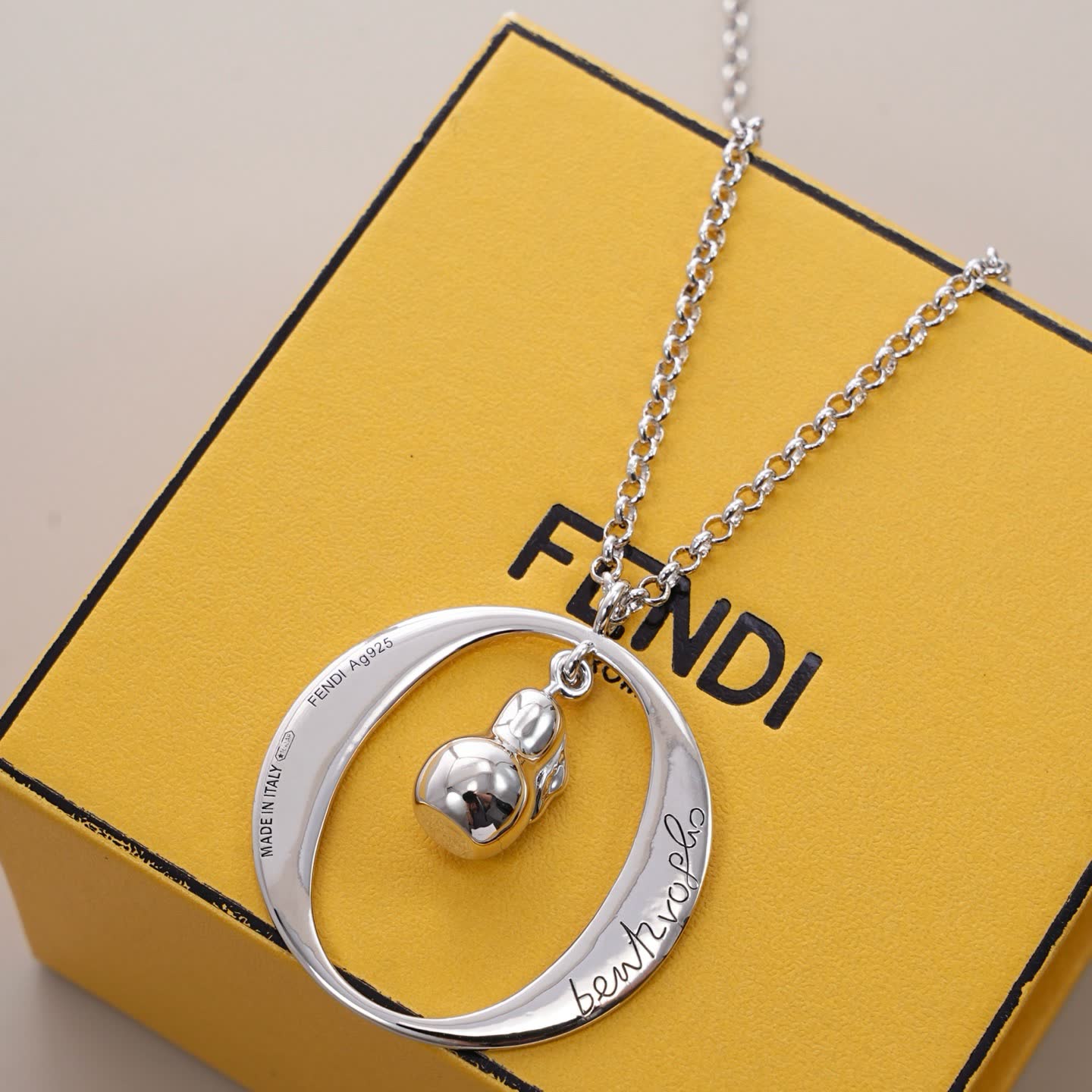 Fendi Silver 'bentvolve' Necklace with Logo Charm