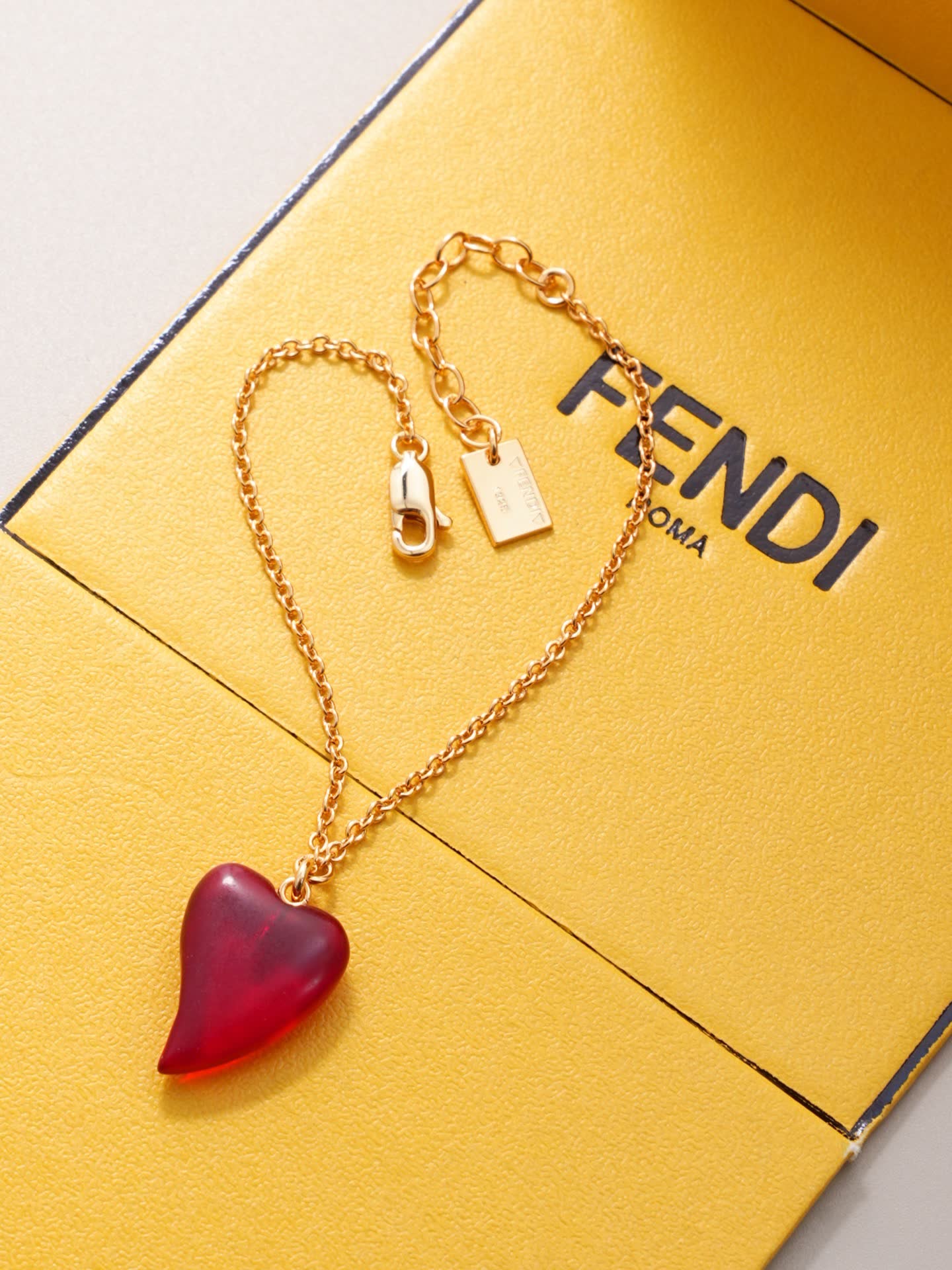 Fendi Gold Tone Red Heart Pendant Necklace