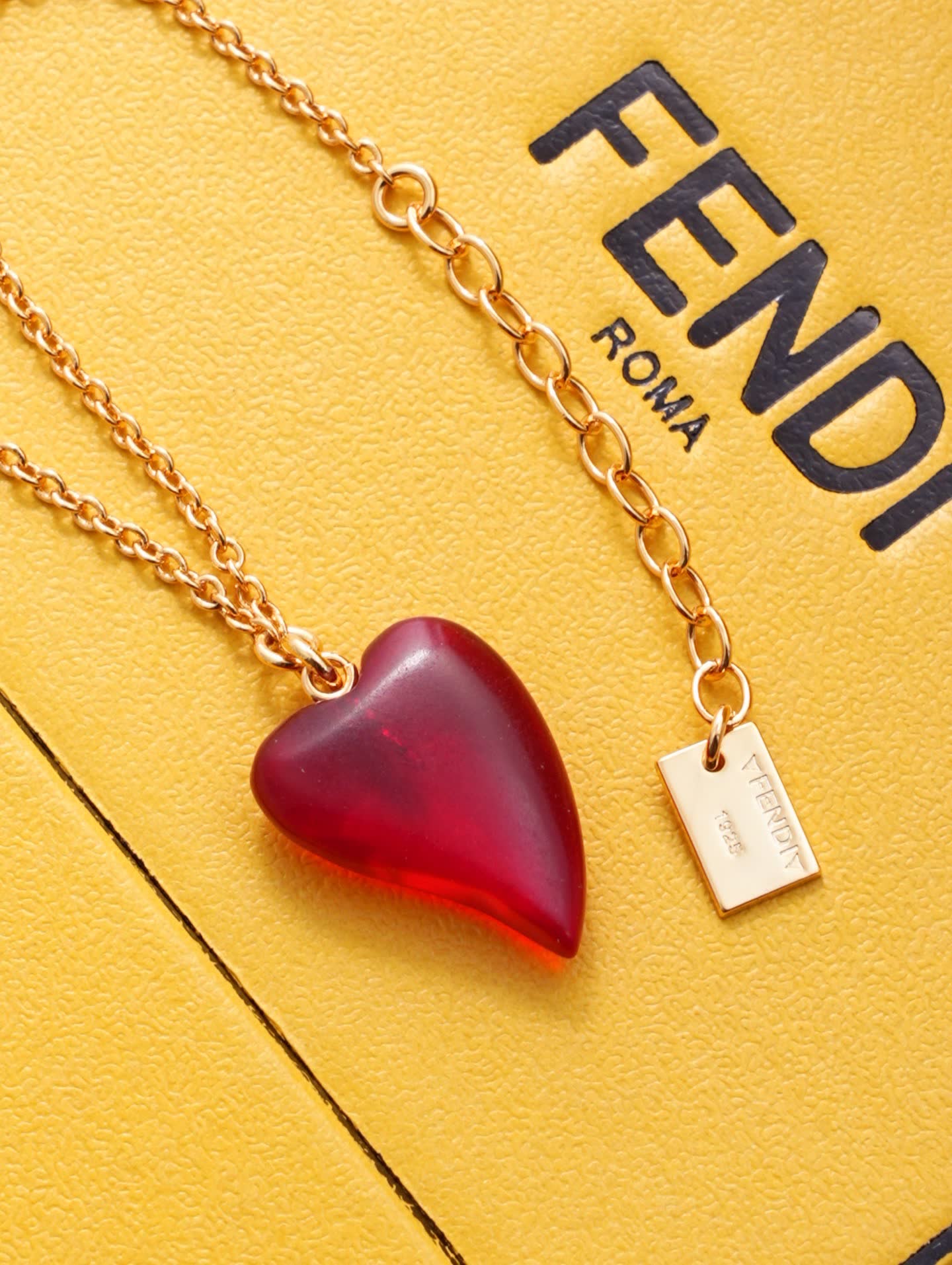 Fendi Gold Tone Red Heart Pendant Necklace