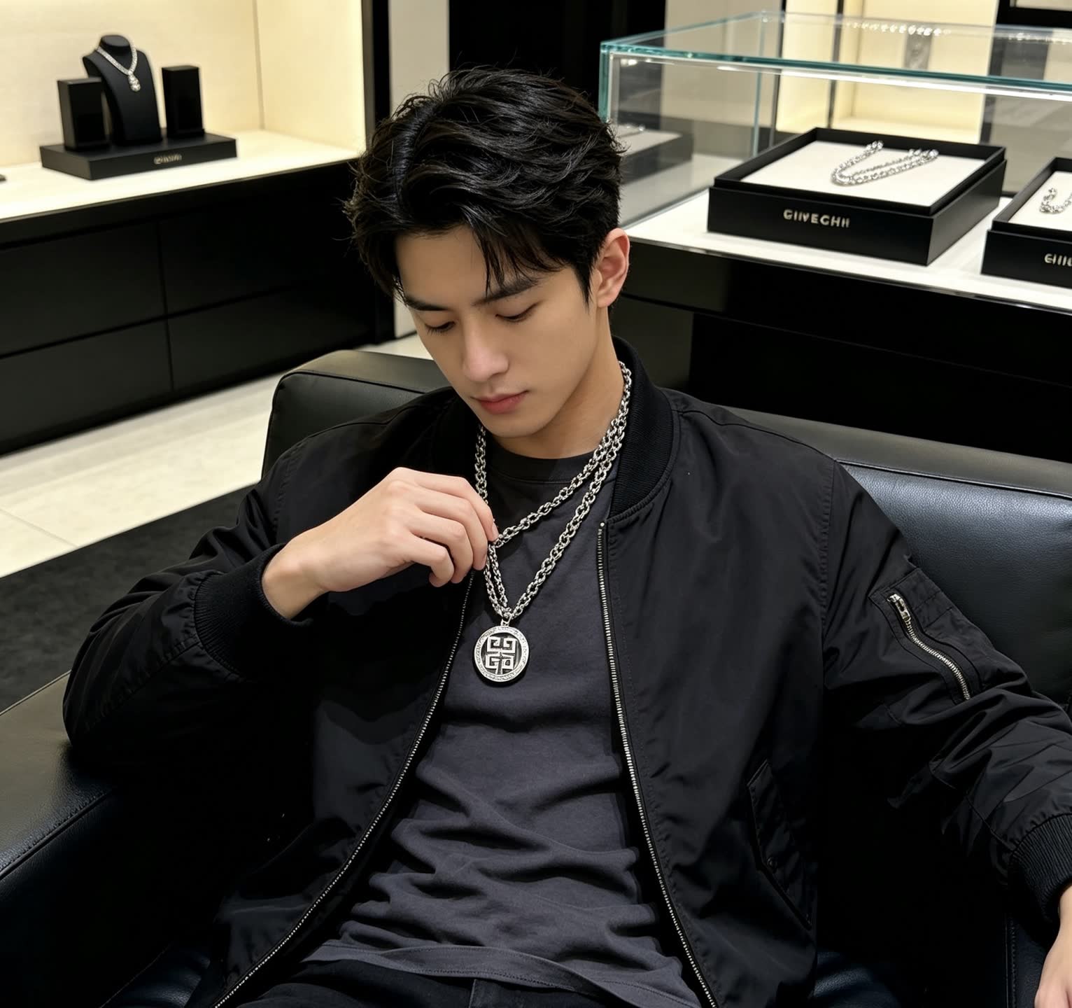 Givenchy Silver Geometric Circle Pendant Necklace