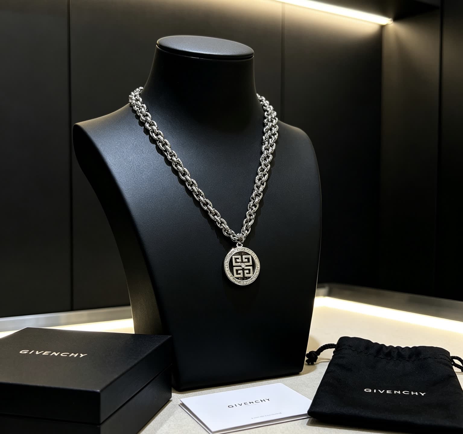 Givenchy Silver Geometric Circle Pendant Necklace