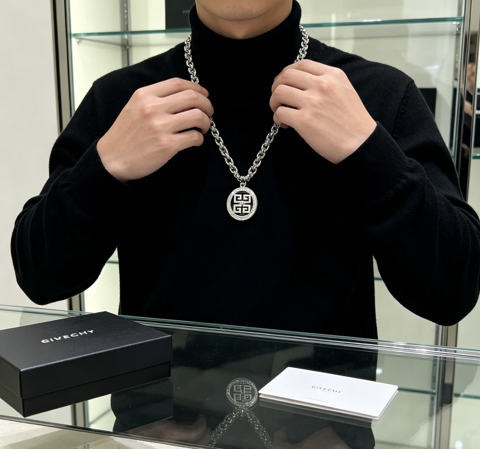 Givenchy Silver Geometric Circle Pendant Necklace