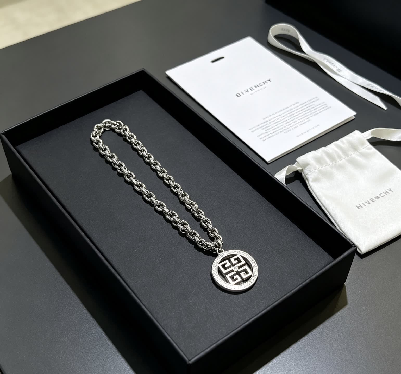 Givenchy Silver Geometric Circle Pendant Necklace