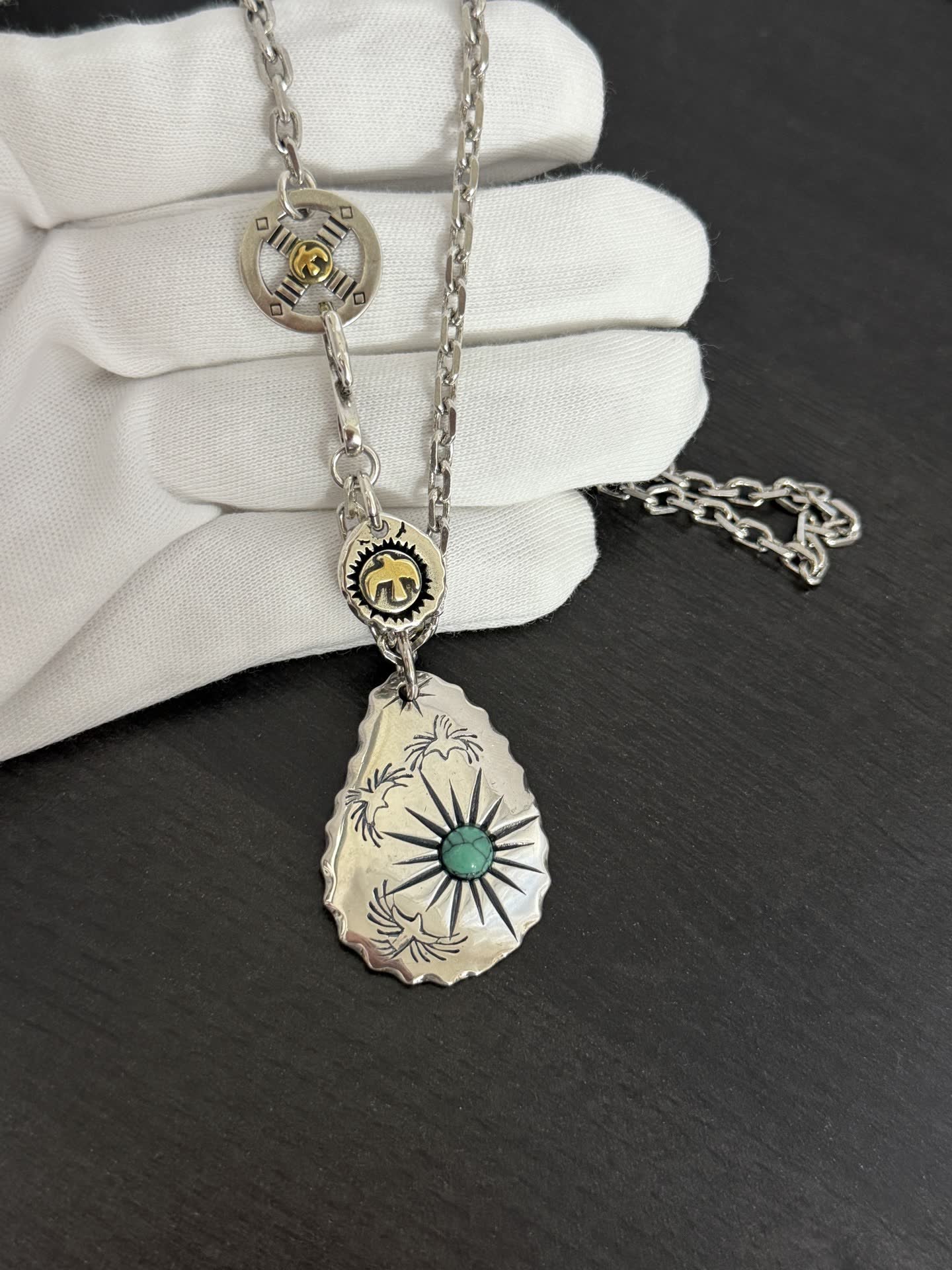 Goros Silver Turquoise Sunburst Pendant Necklace