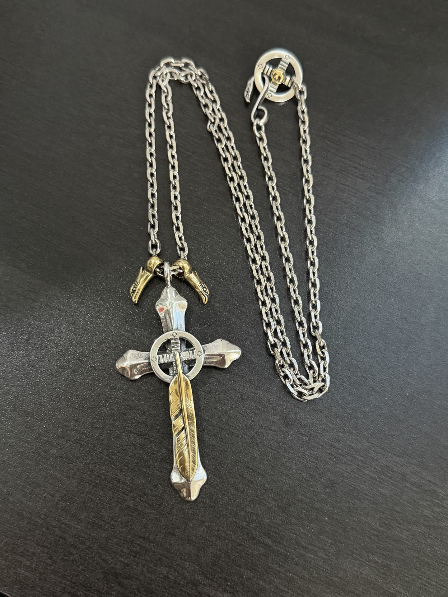Goros Silver Cross Pendant with Feather and Eagle Clasp