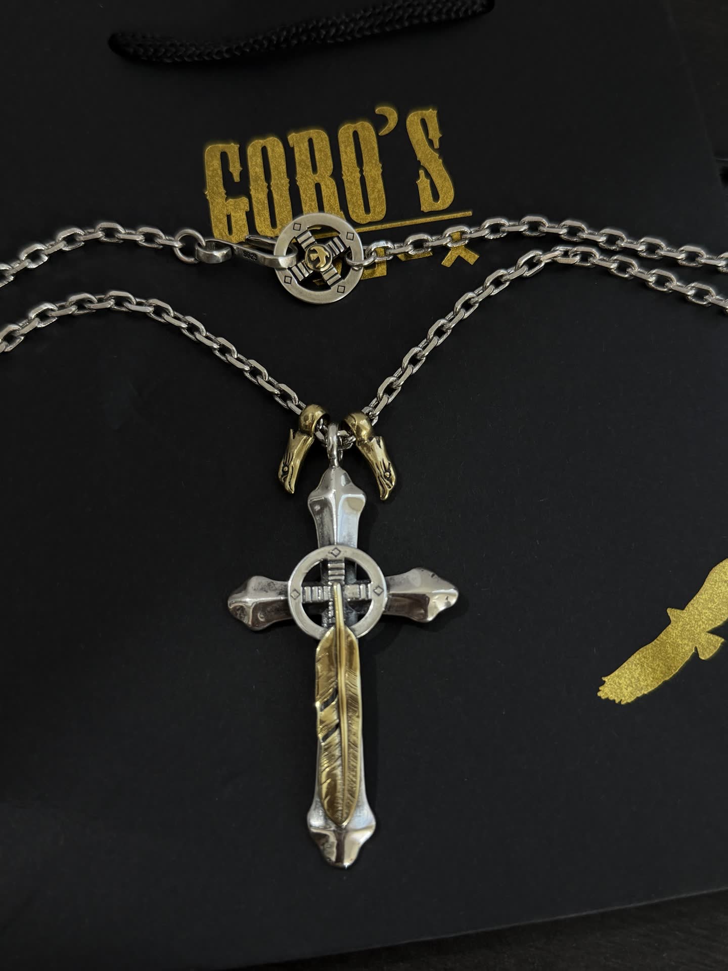 Goros Silver Cross Pendant with Feather and Eagle Clasp