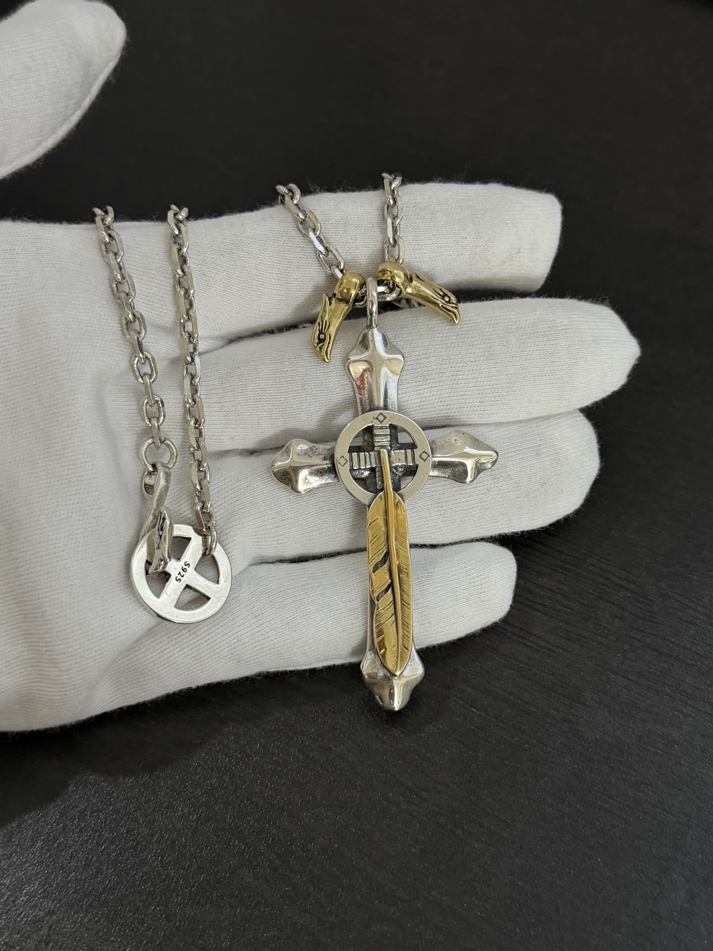 Goros Silver Cross Pendant with Feather and Eagle Clasp