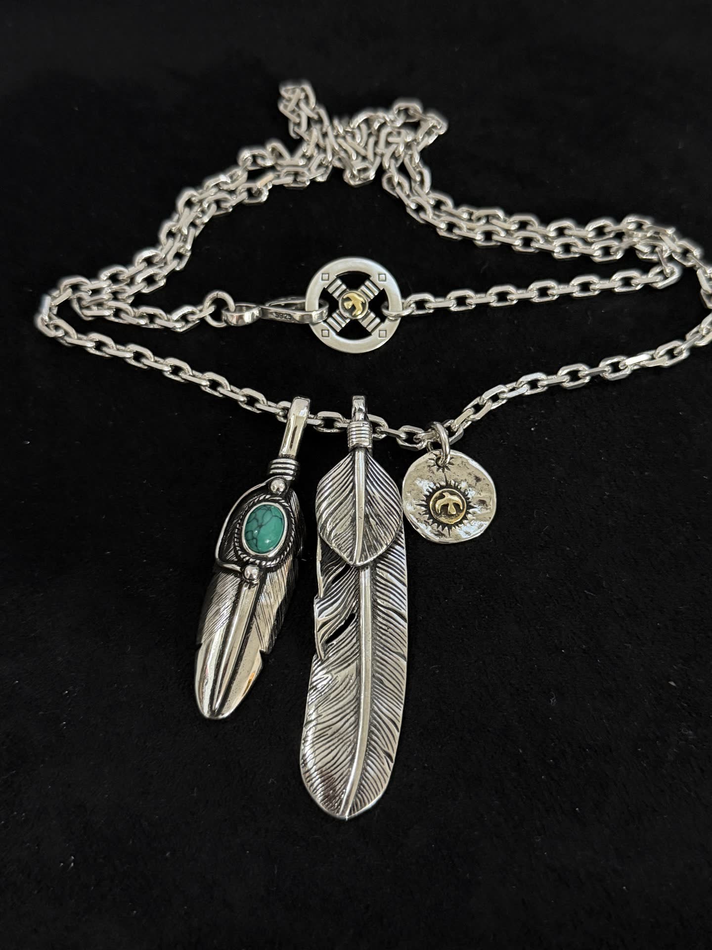 Goros Silver Feather Pendant Necklace with Turquoise Stone