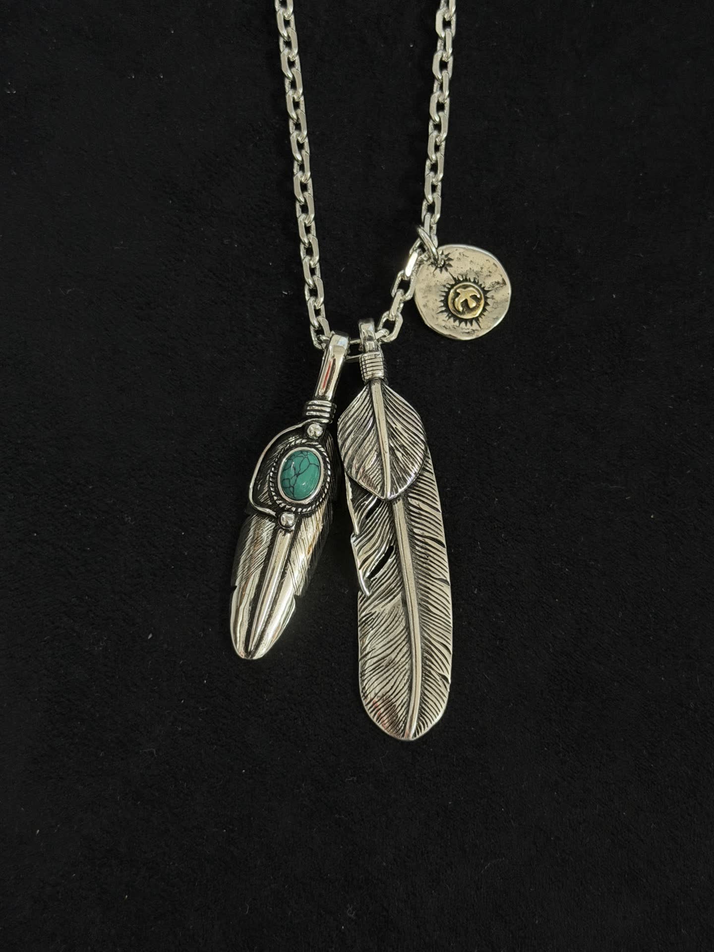 Goros Silver Feather Pendant Necklace with Turquoise Stone