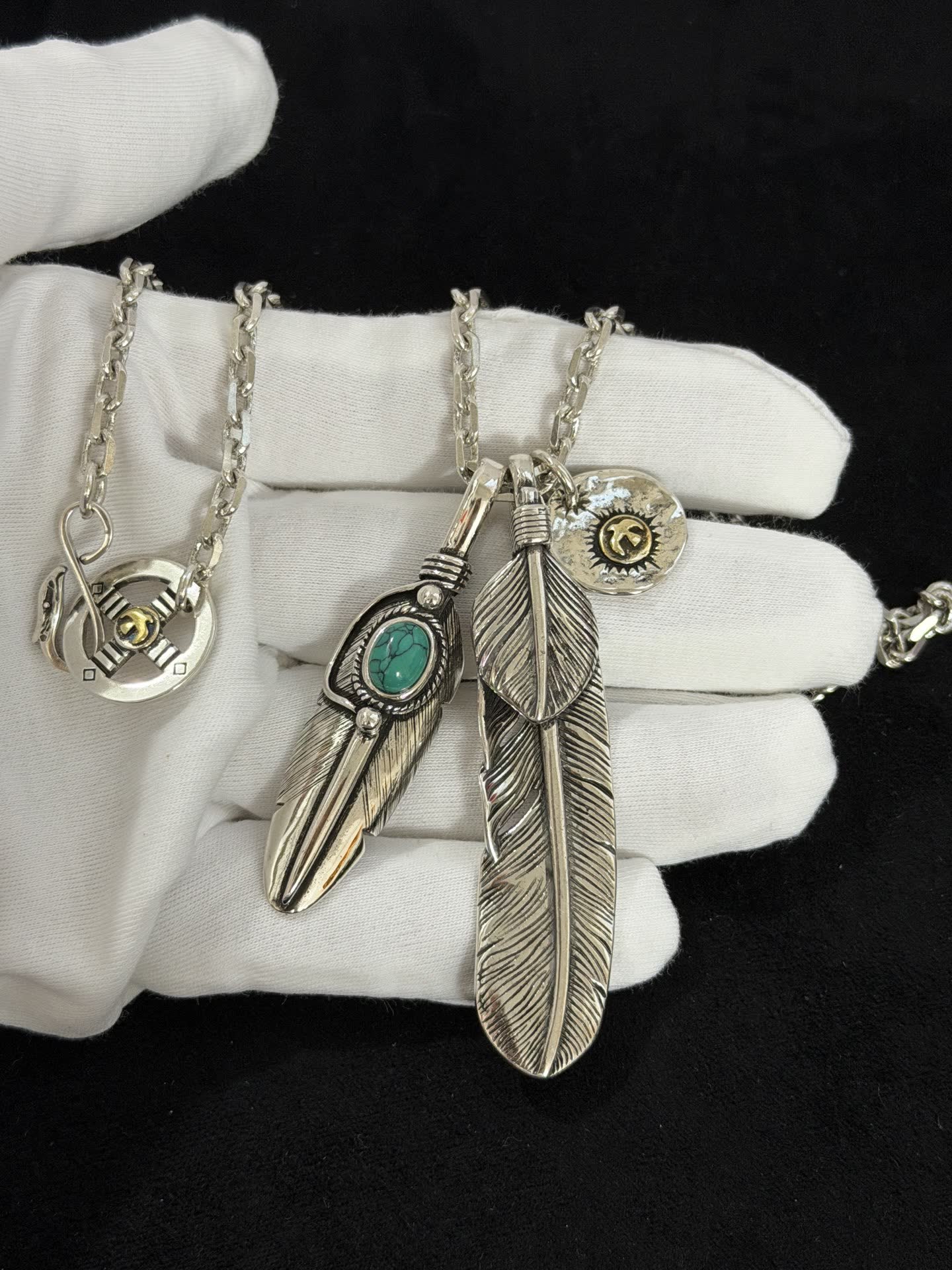 Goros Silver Feather Pendant Necklace with Turquoise Stone