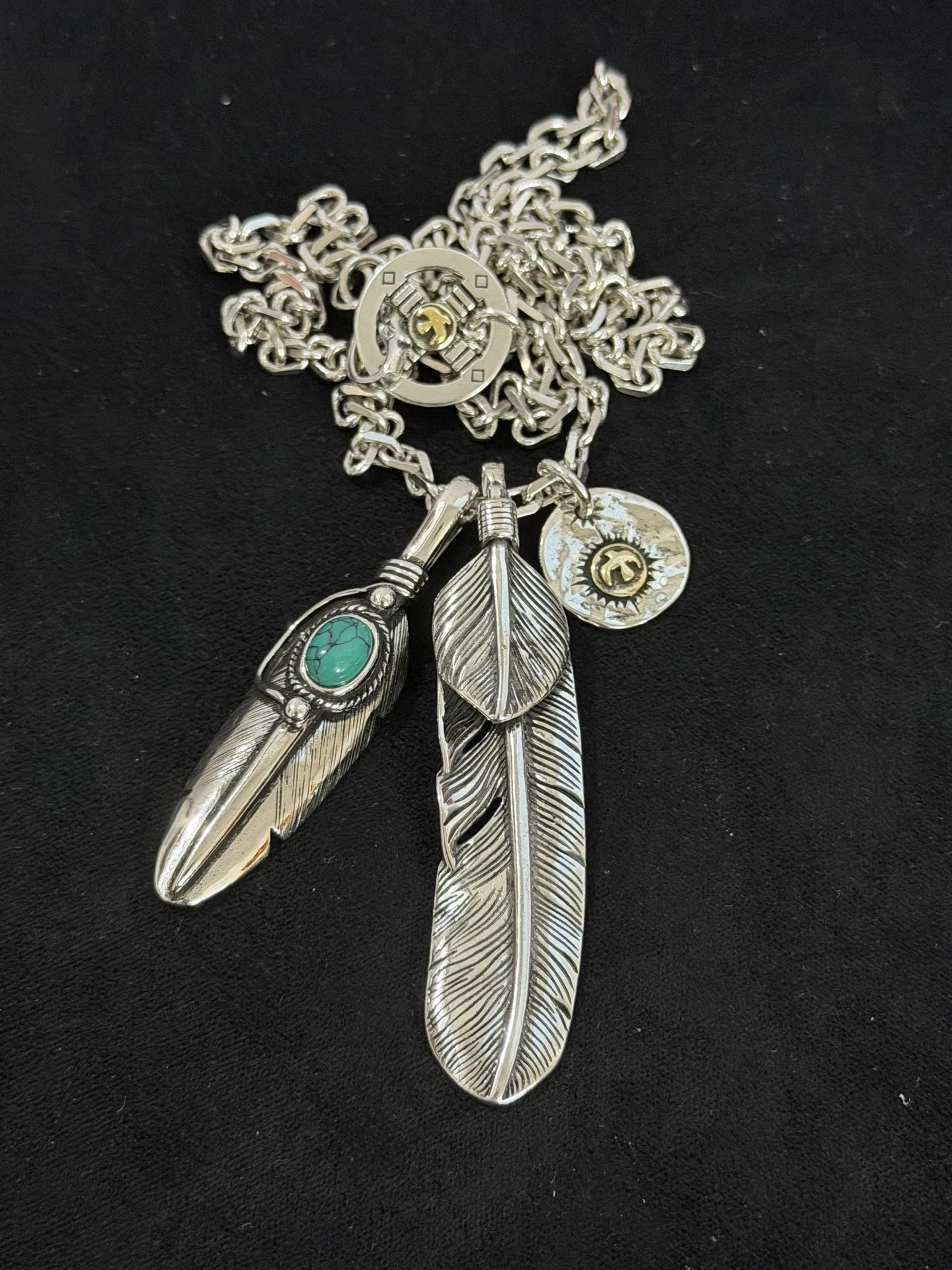 Goros Silver Feather Pendant Necklace with Turquoise Stone