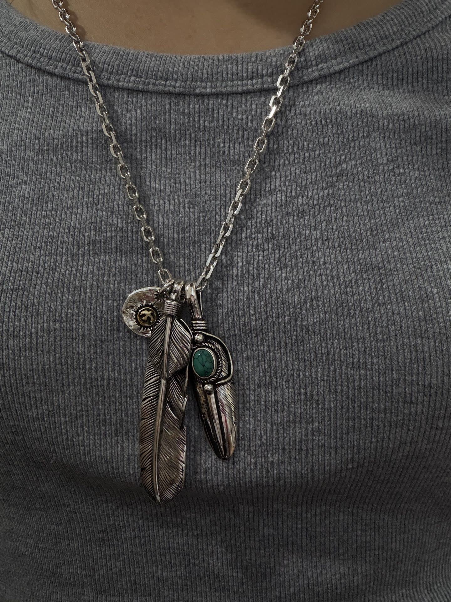 Goros Silver Feather Pendant Necklace with Turquoise Stone