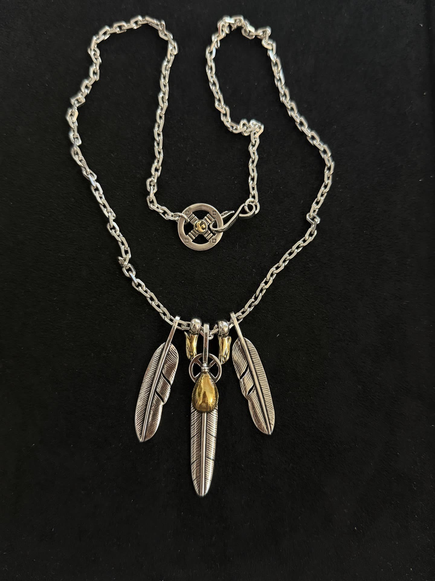 Goros Silver Feather Necklace with Gold Accents