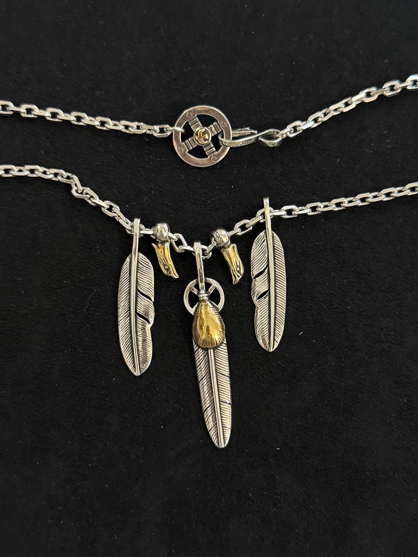 Goros Silver Feather Necklace with Gold Accents