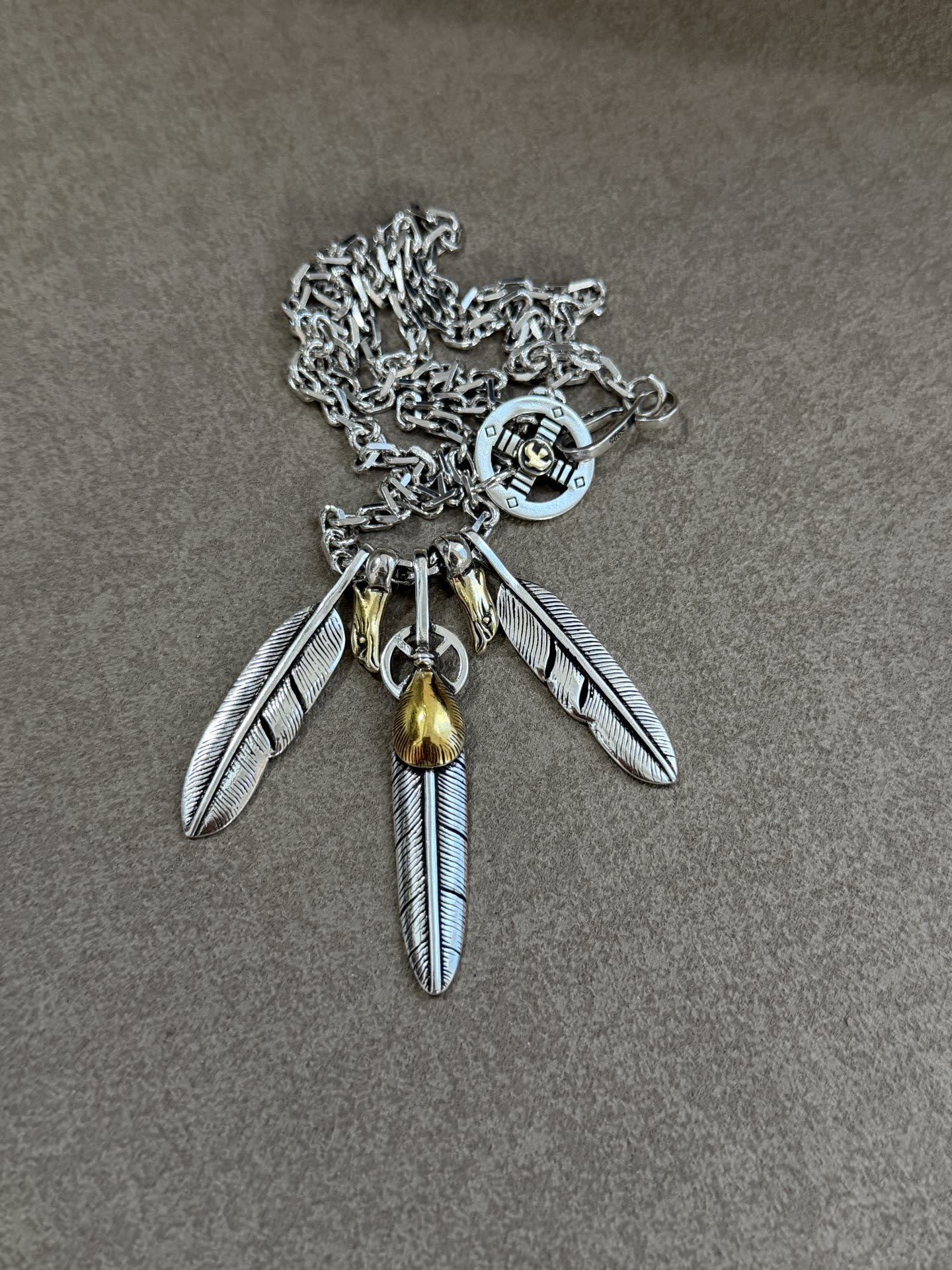 Goros Silver Feather Necklace with Gold Accents