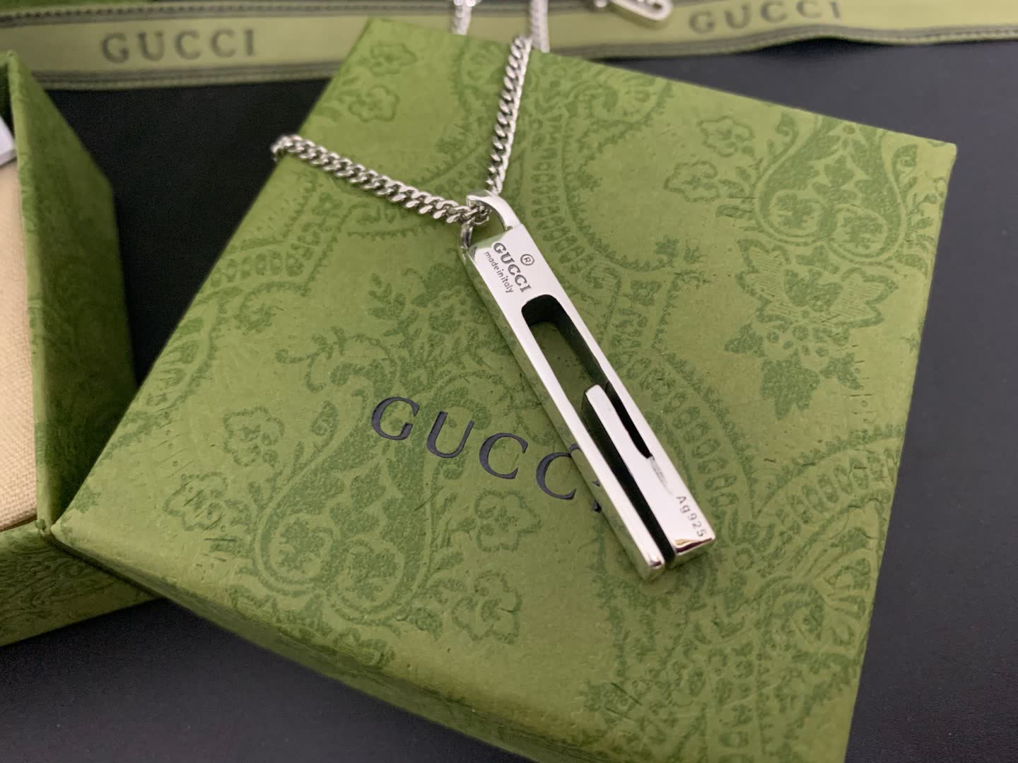 Gucci Silver Bar Pendant Necklace