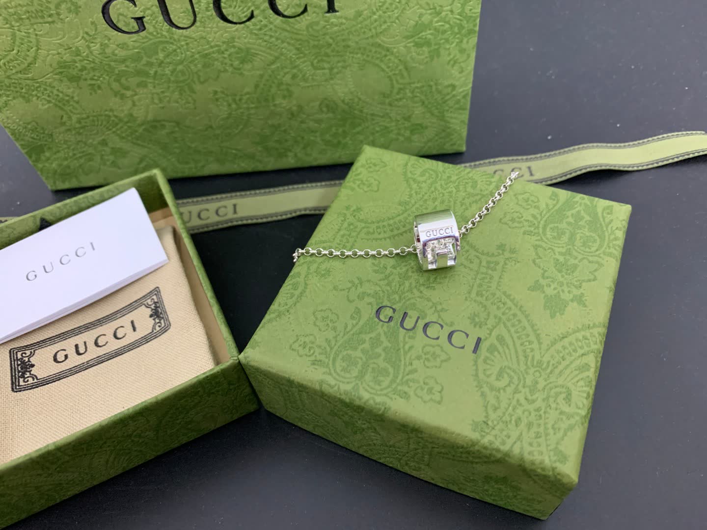 Gucci Silver Tone Logo Pendant Necklace