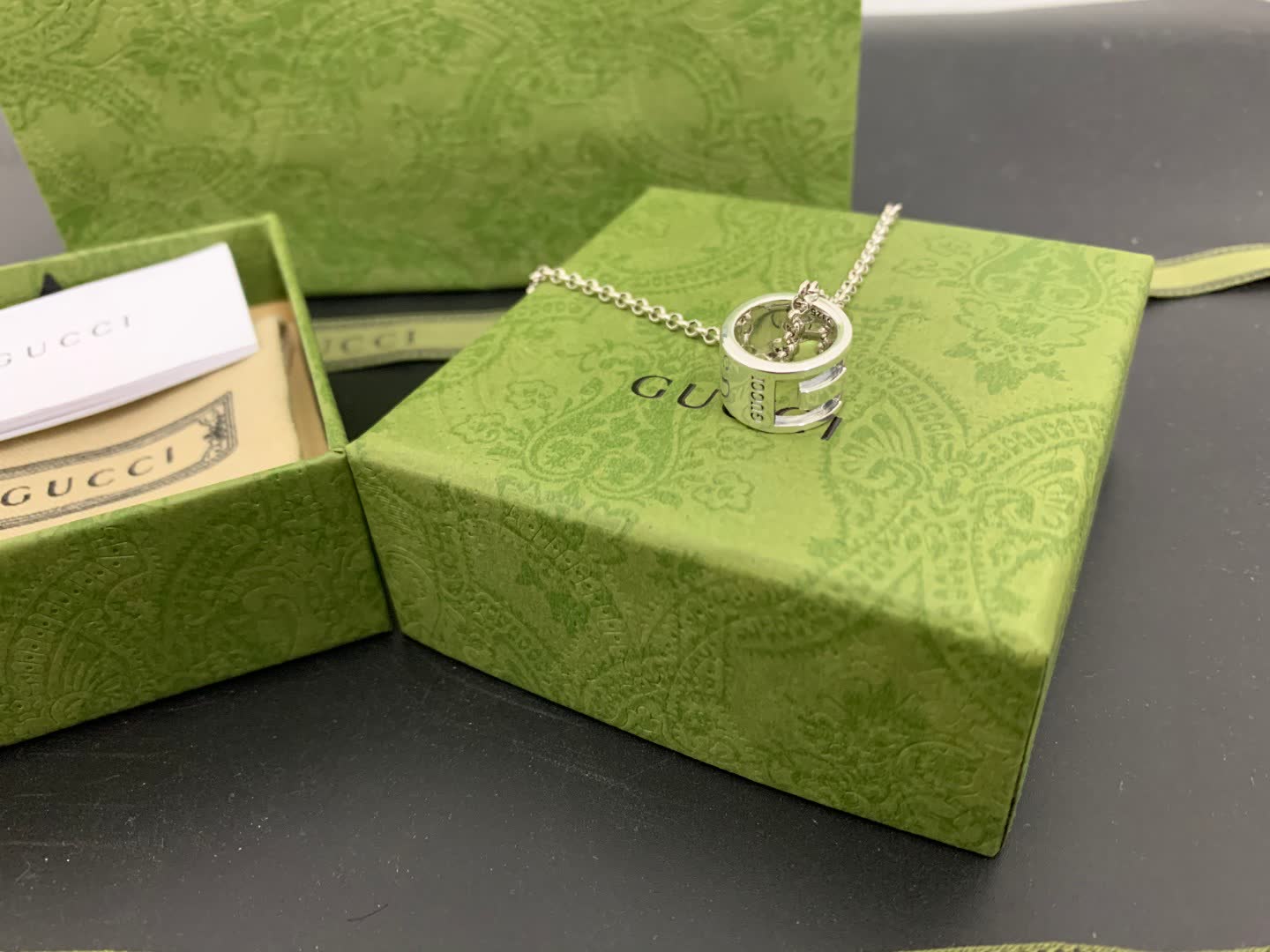 Gucci Silver Tone Logo Pendant Necklace