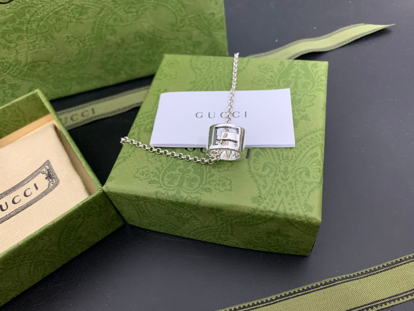 Gucci Silver Tone Logo Pendant Necklace