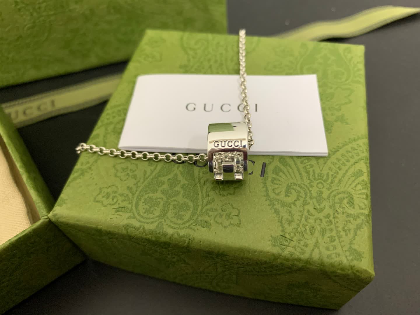 Gucci Silver Tone Logo Pendant Necklace