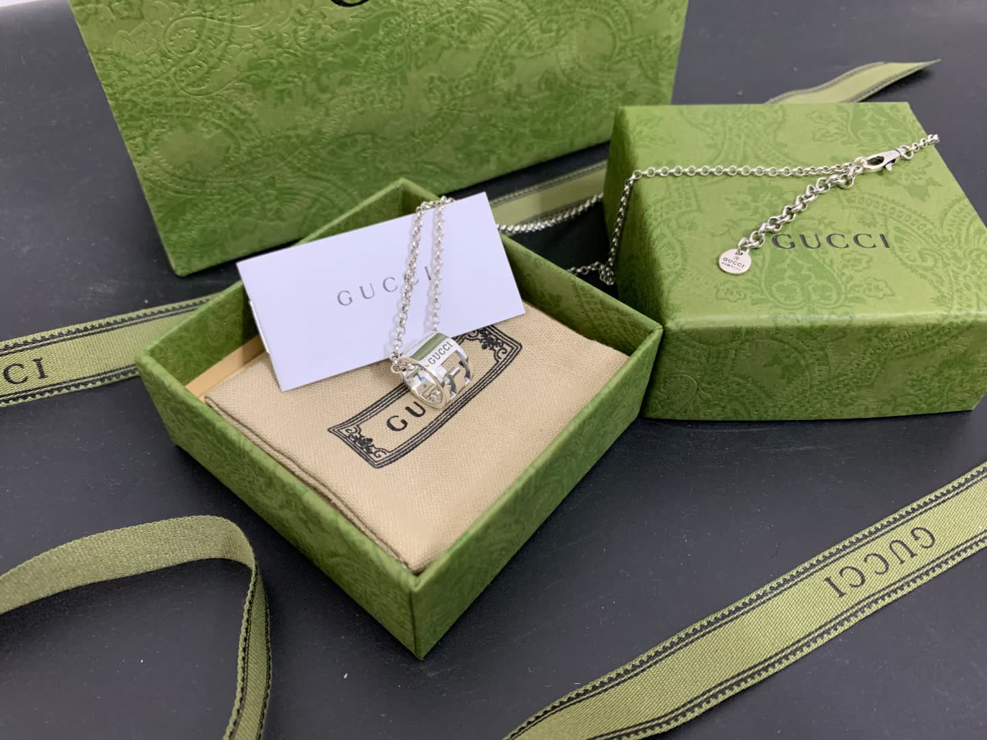 Gucci Silver Tone Logo Pendant Necklace