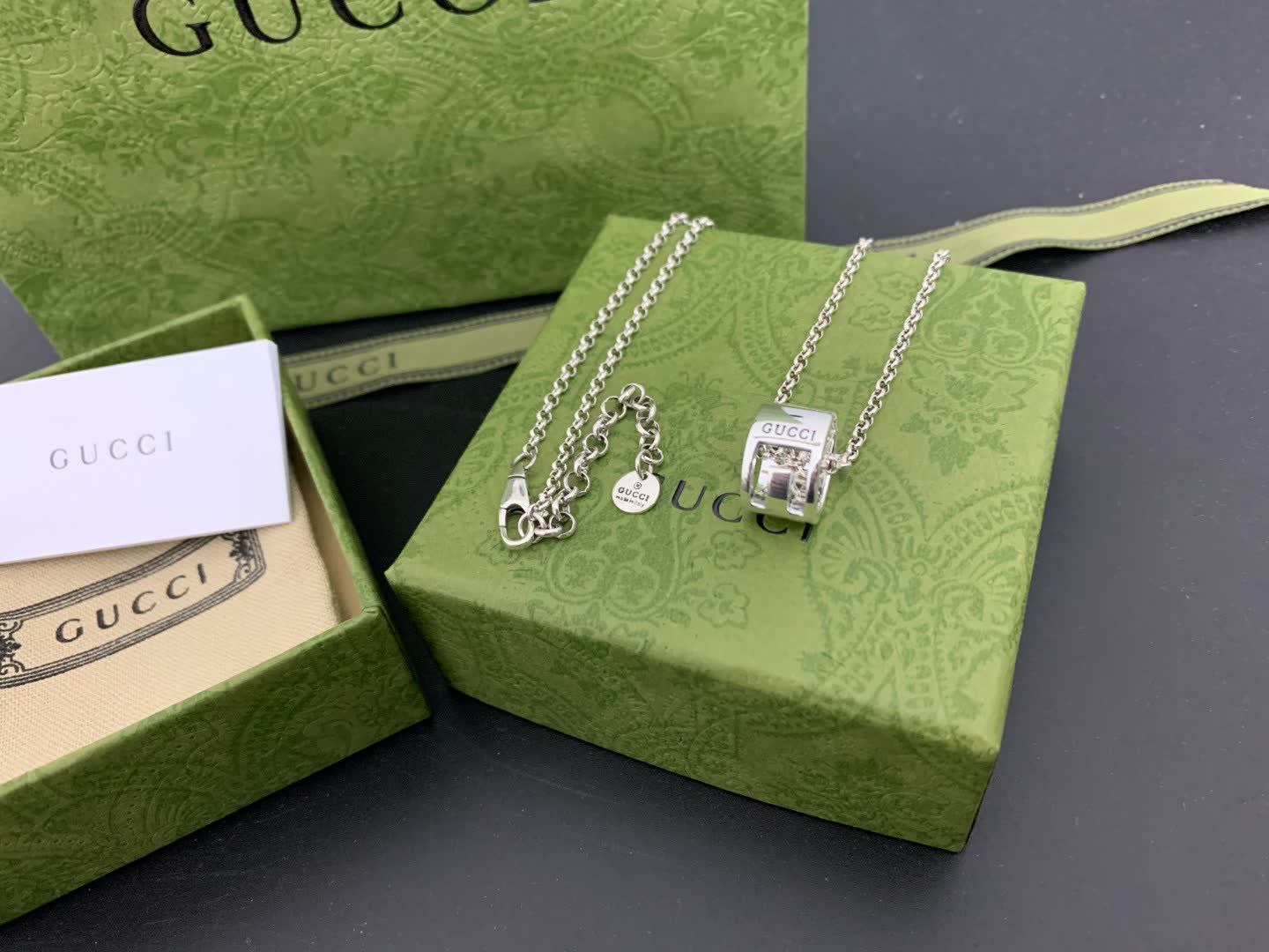 Gucci Silver Tone Logo Pendant Necklace