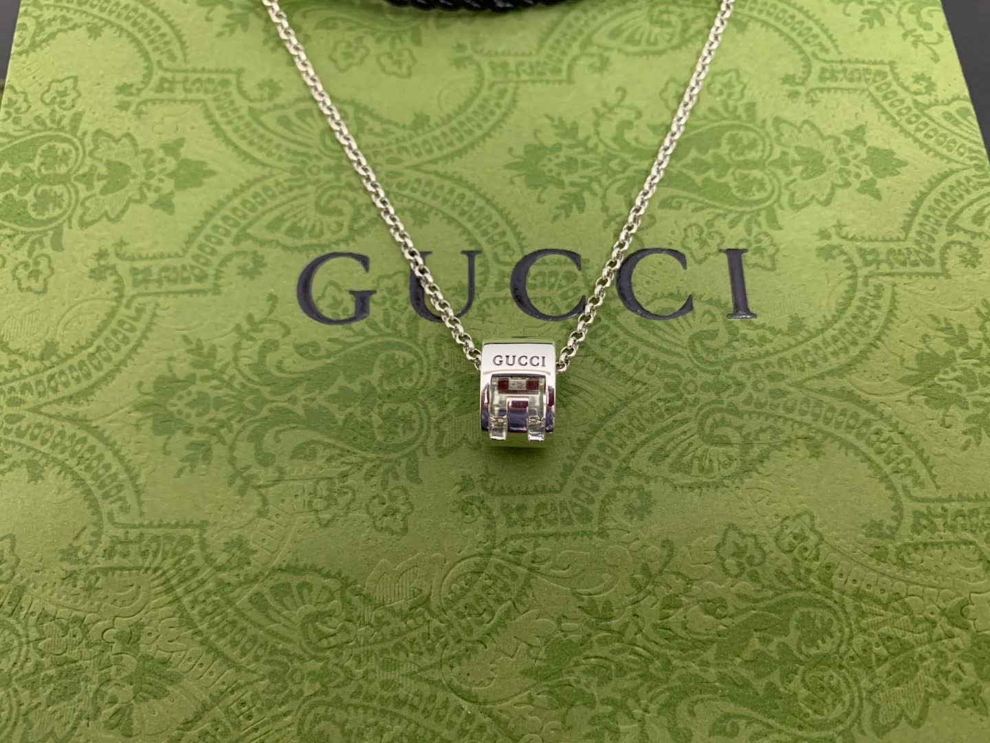 Gucci Silver Tone Logo Pendant Necklace