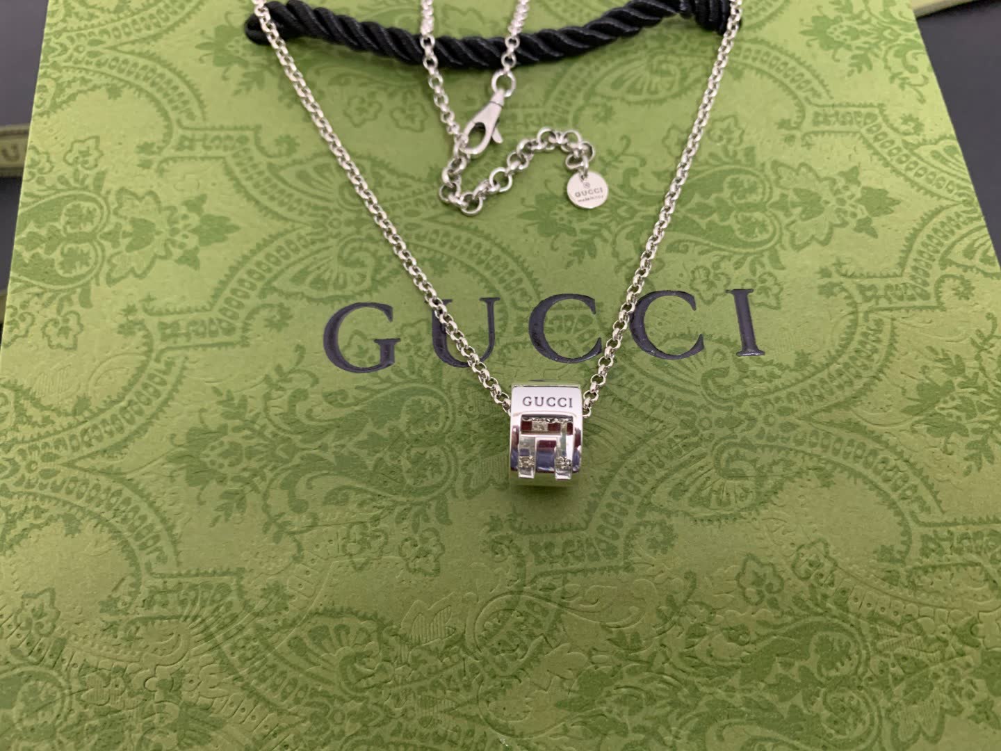 Gucci Silver Tone Logo Pendant Necklace