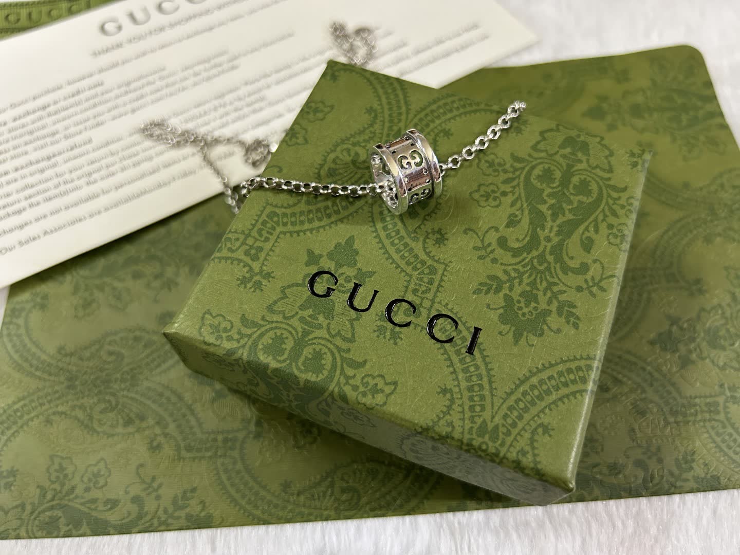 Gucci Silver Tone Diamond Ring Pendant Necklace