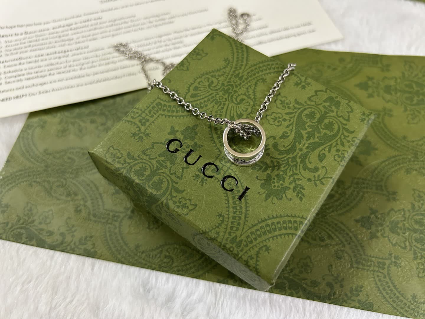 Gucci Silver Tone Diamond Ring Pendant Necklace