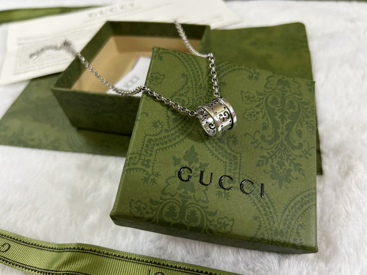 Gucci Silver Tone Diamond Ring Pendant Necklace
