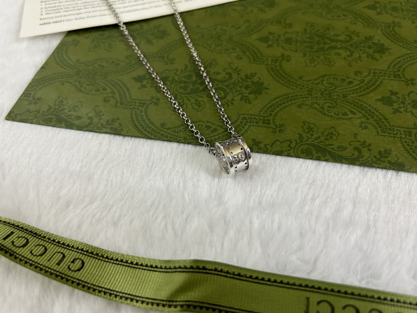 Gucci Silver Tone Diamond Ring Pendant Necklace