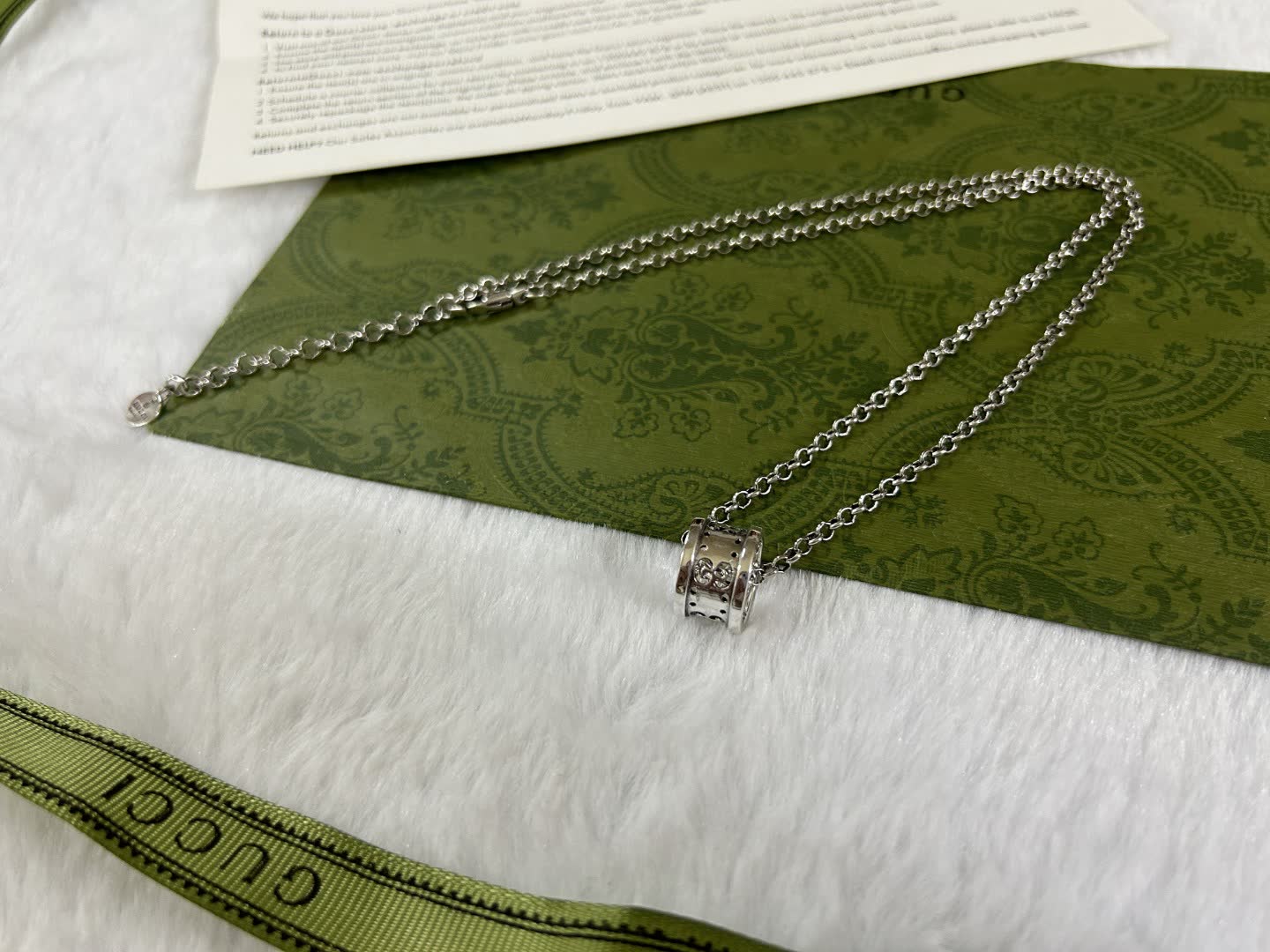 Gucci Silver Tone Diamond Ring Pendant Necklace