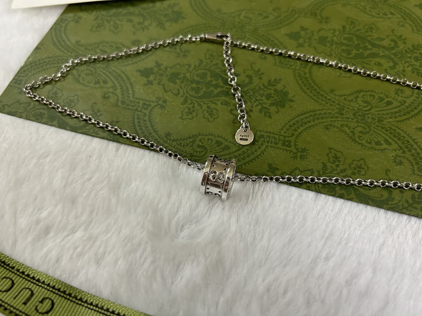 Gucci Silver Tone Diamond Ring Pendant Necklace