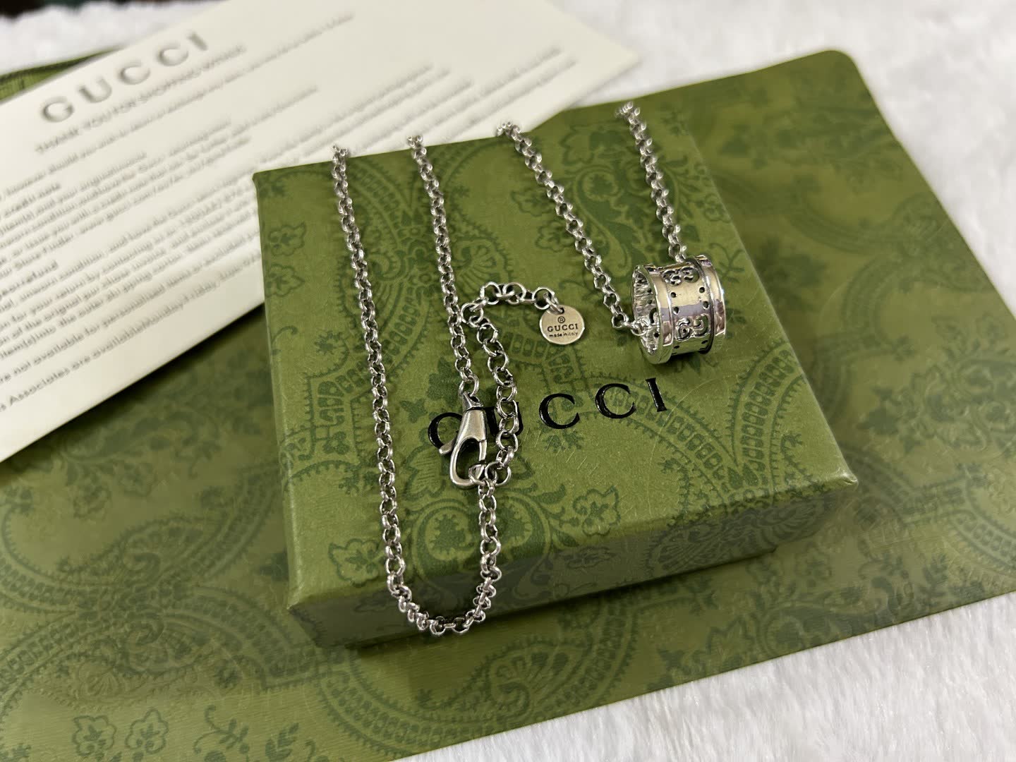 Gucci Silver Tone Diamond Ring Pendant Necklace